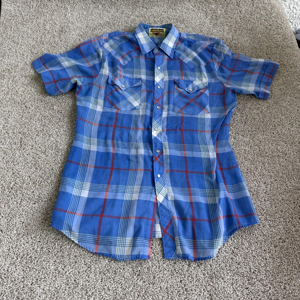 VTG Youngbloods Shirt Mens M Blue Plaid Western Pearl Snap Button Short Sleeve